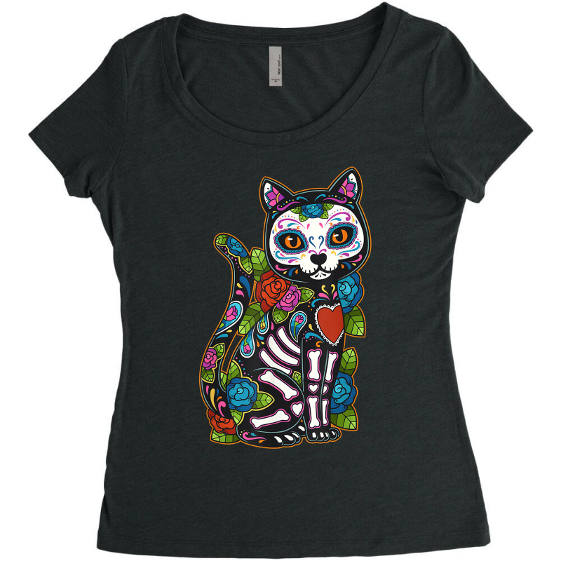 Cat Sugar Skull Mexico Calavera Dia De Los Muertos Halloween Women's Triblend Scoop T-shirt by SonjaBogenschutz | Artistshot