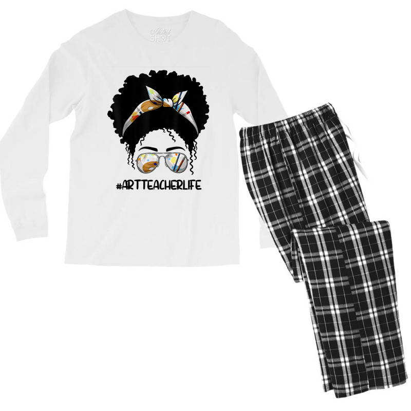 Afro Messy Bun Art Teacher Life T First Day Of School Cartoon Characte Men's Long Sleeve Pajama Set | Artistshot