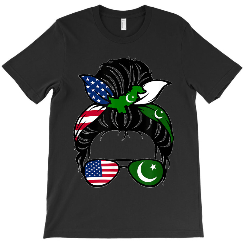 American Messy Bun Wife Mom Girl Pakistani Pakistan Usa Flag T Shirt T-Shirt by AndreaRomero | Artistshot