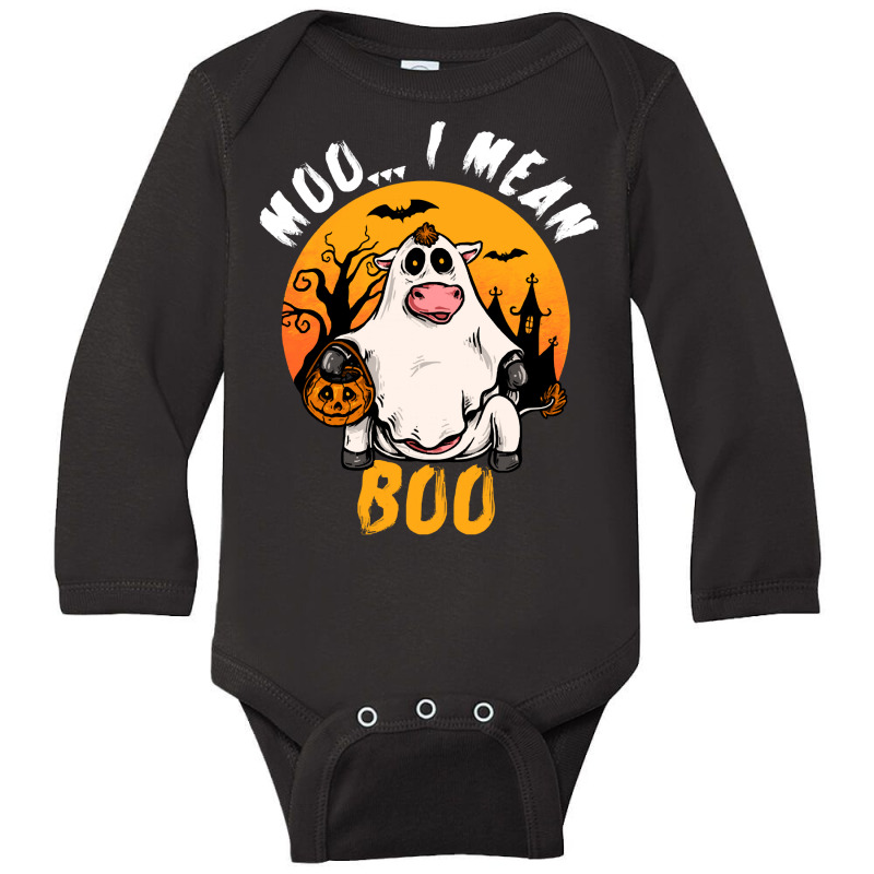 Moo I Mean Boo T  Shirt Moo I Mean Boo Funny Ghost Cow Halloween Costu Long Sleeve Baby Bodysuit | Artistshot