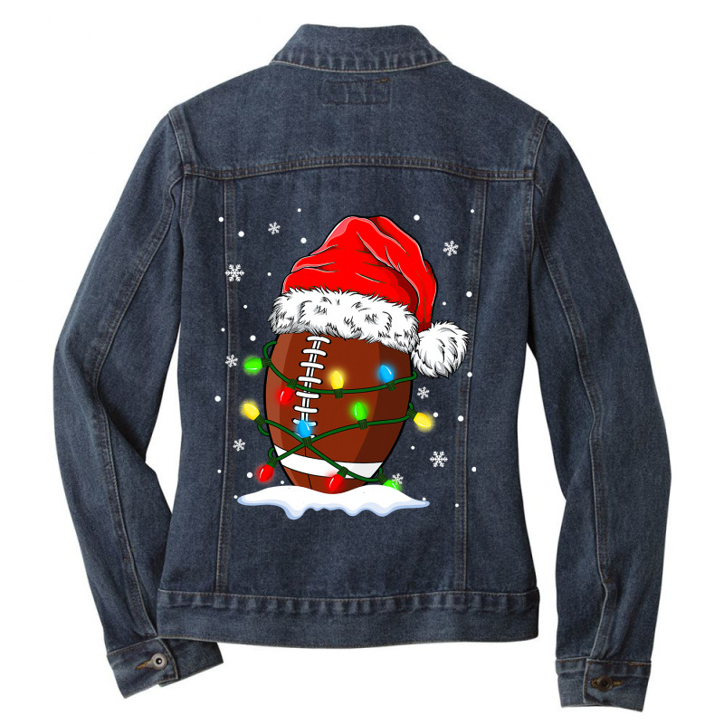 Football Christmas Football Ball Santa Hat Xmas Light Funny 2021 416 Ladies Denim Jacket by pester | Artistshot