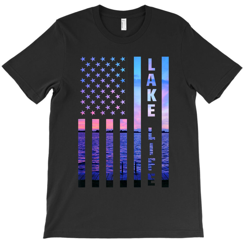 Lake Life American Flag Dock Sunset Wakeboarder Power Boat T-shirt | Artistshot