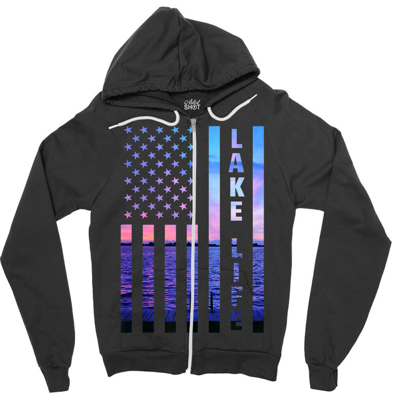 Lake Life American Flag Dock Sunset Wakeboarder Power Boat Zipper Hoodie | Artistshot