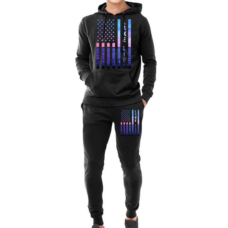 Lake Life American Flag Dock Sunset Wakeboarder Power Boat Hoodie & Jogger Set | Artistshot