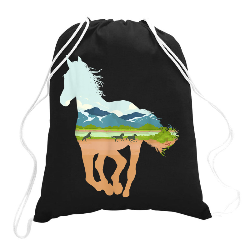 Horse Print With Landscape Horse Lover, Animal Horse Drawstring Bags | Artistshot