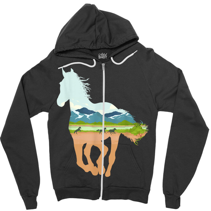 Horse Print With Landscape Horse Lover, Animal Horse Zipper Hoodie | Artistshot