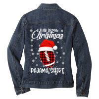 Football This Is My Christmas Pajama Plaid Football Santa Hat Xmas 85  Ladies Denim Jacket | Artistshot