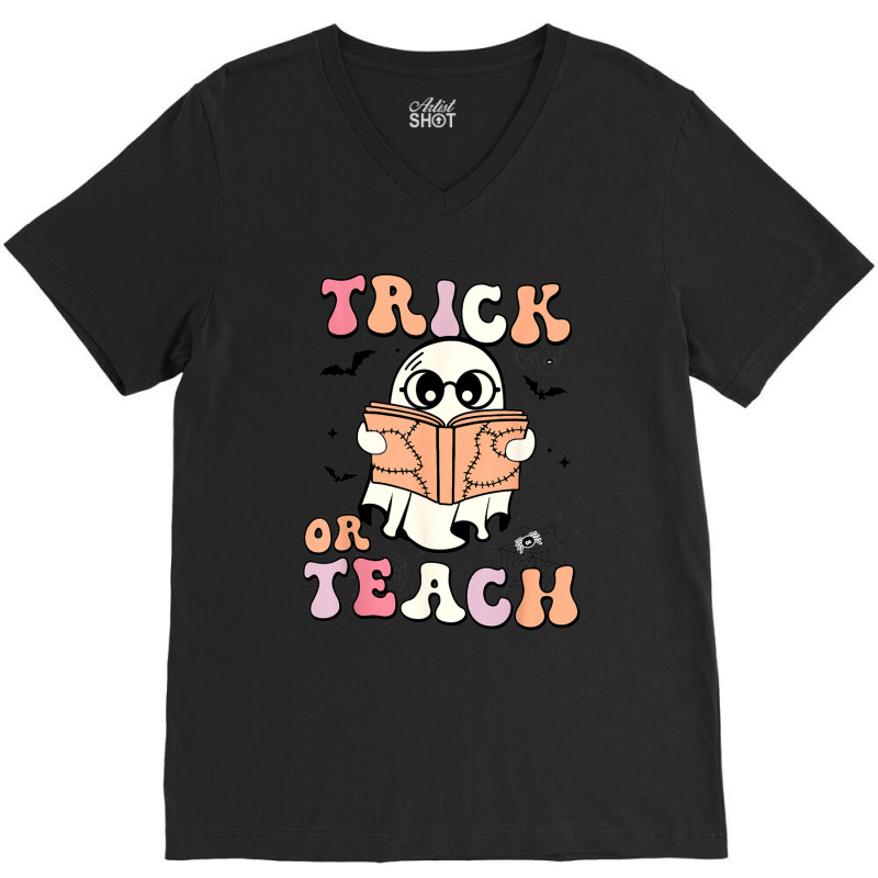 Spooky Season Halloween Trick Or Teach Ghost Retro Groovy V-neck Tee | Artistshot