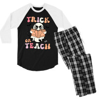 Spooky Season Halloween Trick Or Teach Ghost Retro Groovy Men's 3/4 Sleeve Pajama Set | Artistshot