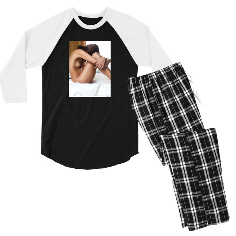 Beautiful Woman Sitting Naked On Bed With Arms Around Her Knees Men's 3/4 Sleeve Pajama Set | Artistshot