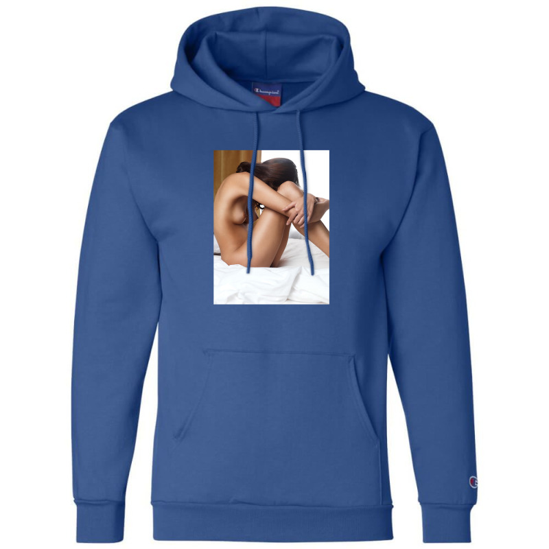 Beautiful Woman Sitting Naked On Bed With Arms Around Her Knees Champion Hoodie | Artistshot