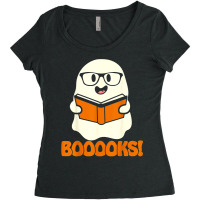 Booooks Ghost Boo Read Books Library Teacher Halloween Cute Women's Triblend Scoop T-shirt | Artistshot