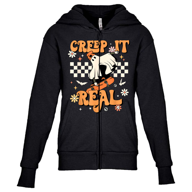 Creep It Real Retro Halloween Party Funny Ghost Skateboard Youth Zipper Hoodie | Artistshot