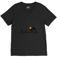 Heartbeat With Tropical Palm Trees Beach Island And Dolphin T-shirt V-neck Tee | Artistshot