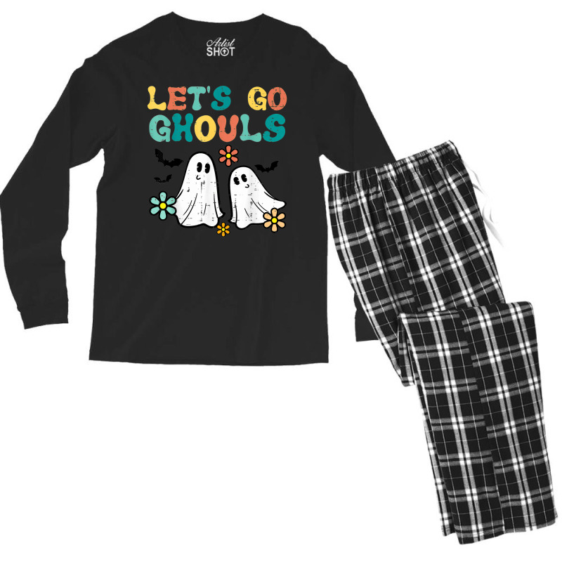 Lets Go Ghouls Floral Ghosts Groovy Retro Halloween Women Men's Long Sleeve Pajama Set by Market | Artistshot