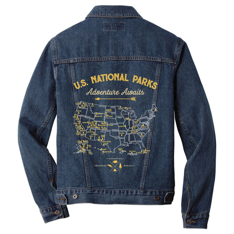 62 National Parks Map Gifts Us Park Vintage Camping Hiking New Year Men Denim Jacket | Artistshot