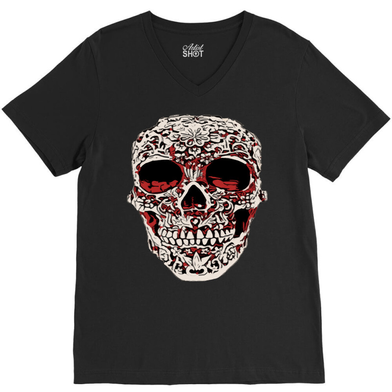 Skull T  Shirt Big Carved Red And White Skeleton Skull Head T  Shirt V-neck Tee | Artistshot