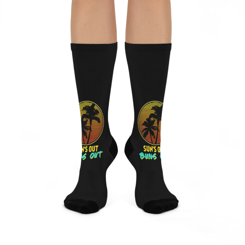 Sun's Out Buns Out Retro 80s Vintage Palm Tree Sunset Crew Socks By ...