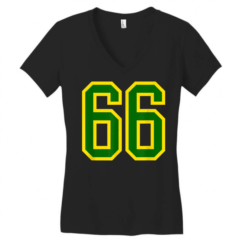 Jersey Number #66 Green Yellow Birthday Sports Number 66 Women's V-Neck T-Shirt by Newdesigns | Artistshot