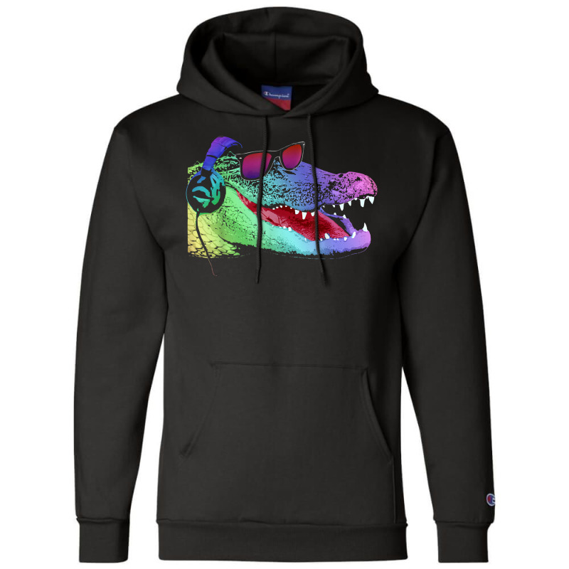 Alligator With Headphones And Sunglasses Champion Hoodie by Graham Sanchez | Artistshot