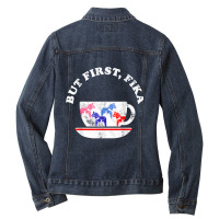 But First Fika Scandinavian Coffee Break Dala Horse Ladies Denim Jacket | Artistshot