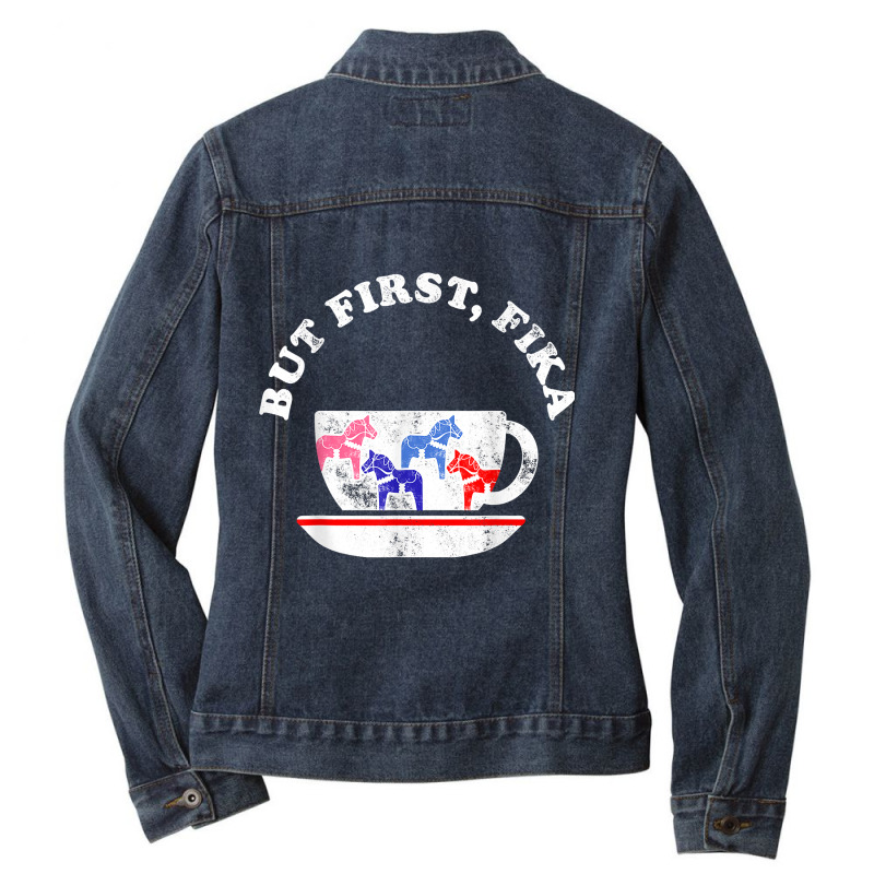 But First Fika Scandinavian Coffee Break Dala Horse Ladies Denim Jacket by CaitlynLevine | Artistshot