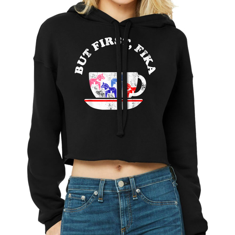 But First Fika Scandinavian Coffee Break Dala Horse Cropped Hoodie by CaitlynLevine | Artistshot