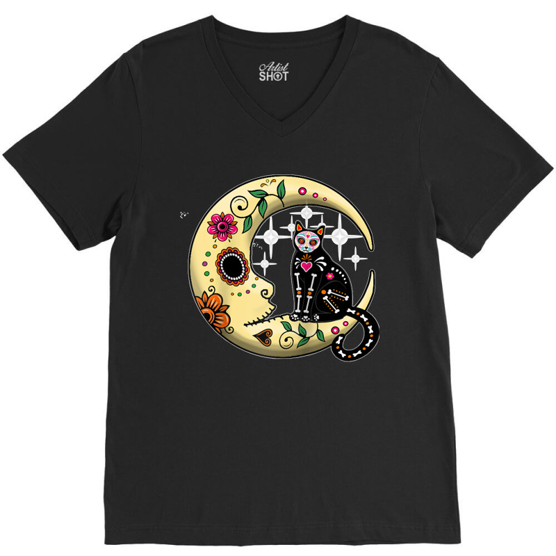 Funny Cat & Moon Sugar Skull Dia De Los Muertos Day Of Dead Raglan Bas V-neck Tee | Artistshot