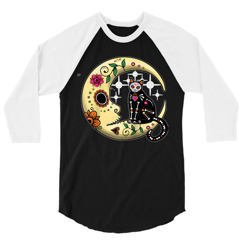 Funny Cat & Moon Sugar Skull Dia De Los Muertos Day Of Dead Raglan Bas 3/4 Sleeve Shirt | Artistshot