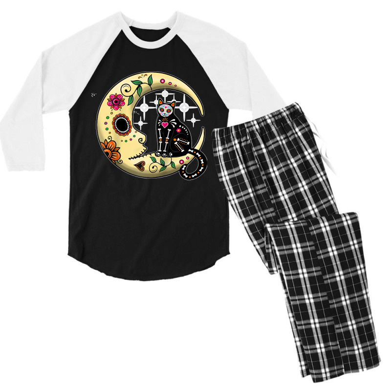 Funny Cat & Moon Sugar Skull Dia De Los Muertos Day Of Dead Raglan Bas Men's 3/4 Sleeve Pajama Set | Artistshot