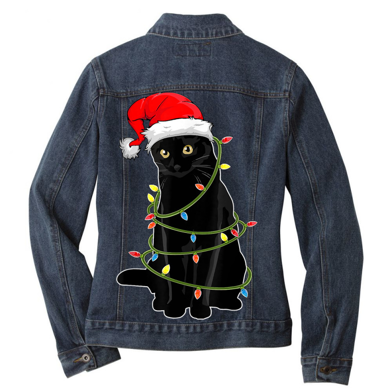 Black Cat Tangled Up In Christmas Lights Santa Hat Cat Kitty Ladies Denim Jacket by BooBug | Artistshot