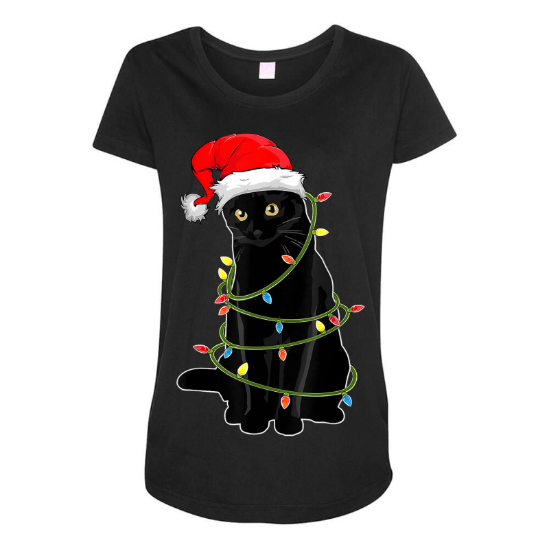 Black Cat Tangled Up In Christmas Lights Santa Hat Cat Kitty Maternity Scoop Neck T-shirt by BooBug | Artistshot