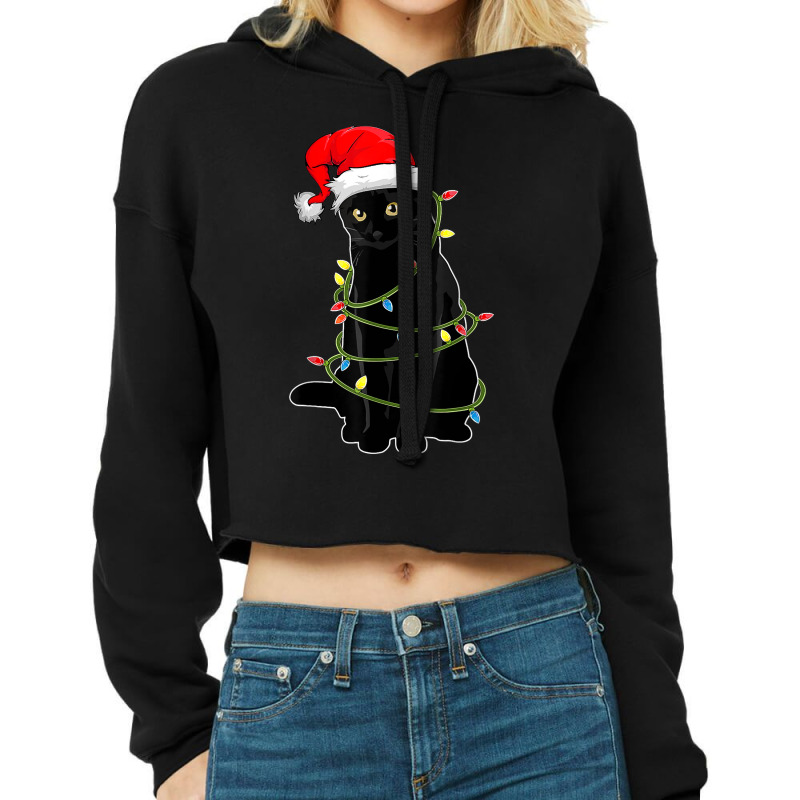 Black Cat Tangled Up In Christmas Lights Santa Hat Cat Kitty Cropped Hoodie by BooBug | Artistshot