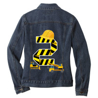 Kids 2nd Birthday Boy Construction Worker Building Site Excavator Prem Ladies Denim Jacket | Artistshot