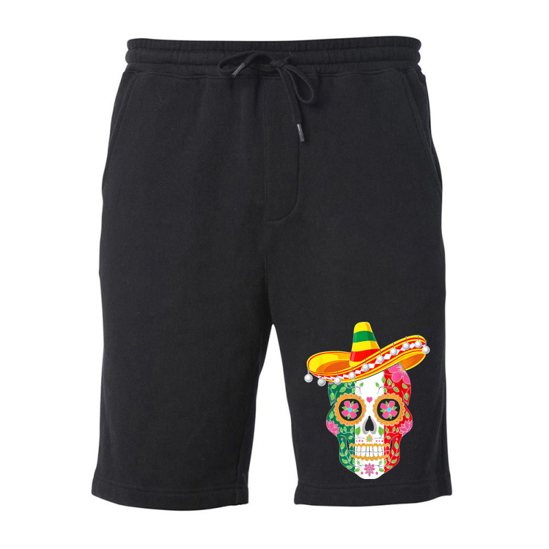 Fiesta Sugar Skull Rose Calavera Mexican Flag Cinco De Mayo T Shirt Co Fleece Short by DonnaLee | Artistshot