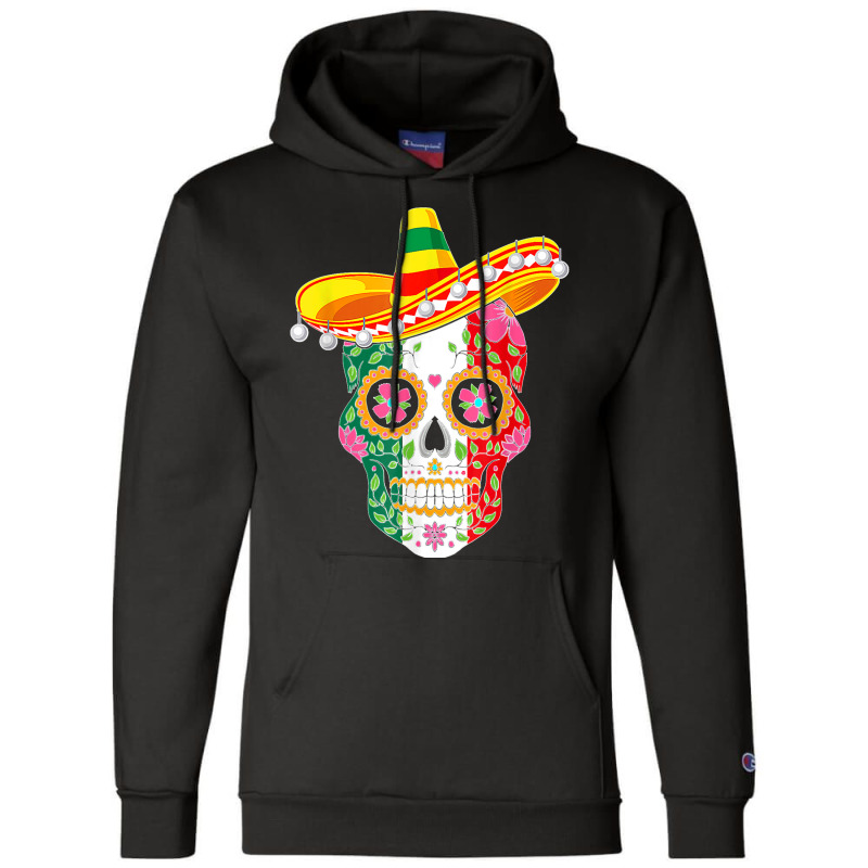 Fiesta Sugar Skull Rose Calavera Mexican Flag Cinco De Mayo T Shirt Co Champion Hoodie by DonnaLee | Artistshot