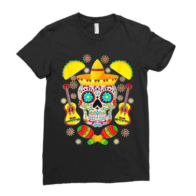 Fiesta Party Sugar Skull Rose Calavera Mexican Cinco De Mayo T Shirt Ladies Fitted T-Shirt by JillMarie | Artistshot