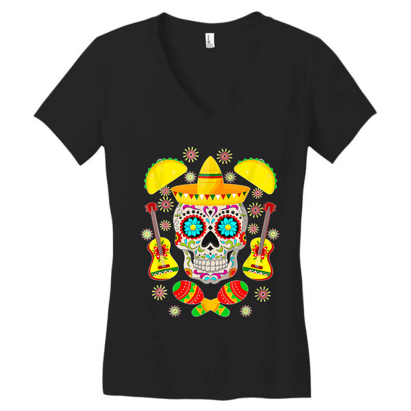 Fiesta Party Sugar Skull Rose Calavera Mexican Cinco De Mayo T Shirt Women's V-Neck T-Shirt by JillMarie | Artistshot