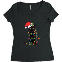 Black Santa Cat Tangled Up In Lights Christmas Santa Illustration Women's Triblend Scoop T-shirt | Artistshot