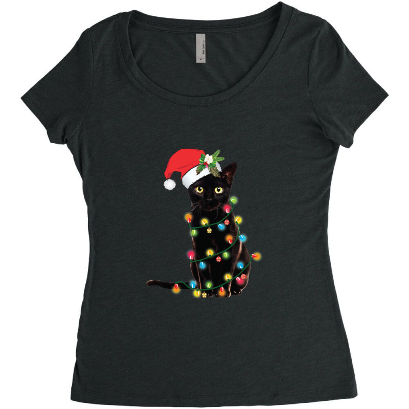 Black Santa Cat Tangled Up In Lights Christmas Santa Illustration Women's Triblend Scoop T-shirt by LawrenceKemp | Artistshot