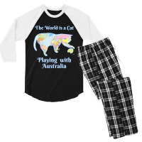 Funny World Is A Cat Playing Map Men's 3/4 Sleeve Pajama Set | Artistshot