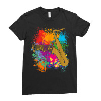 Saxophonesilhouette With Musical Notes On Paintsplashes Ladies Fitted T-shirt | Artistshot