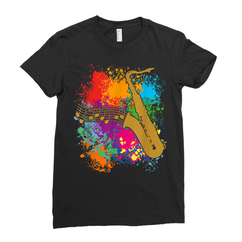 Saxophonesilhouette With Musical Notes On Paintsplashes Ladies Fitted T-Shirt by Queenie | Artistshot