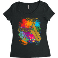 Saxophonesilhouette With Musical Notes On Paintsplashes Women's Triblend Scoop T-shirt | Artistshot