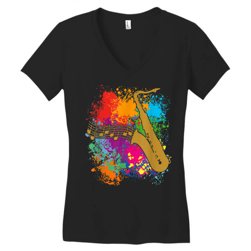 Saxophonesilhouette With Musical Notes On Paintsplashes Women's V-Neck T-Shirt by Queenie | Artistshot