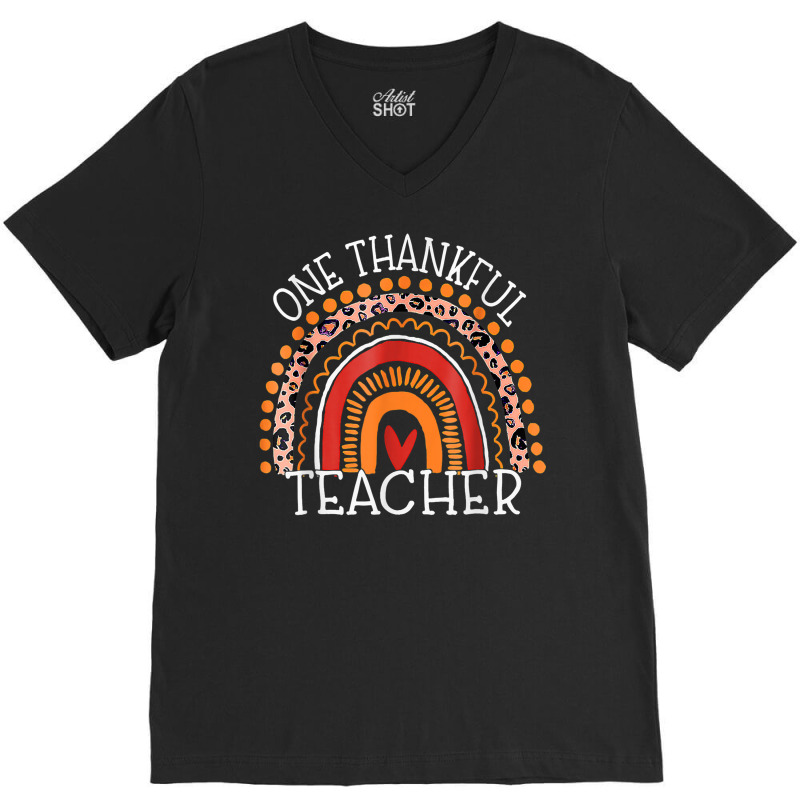 Teacher Thanksgiving Leopard Rainbow One Thankful Teacher V-neck Tee | Artistshot