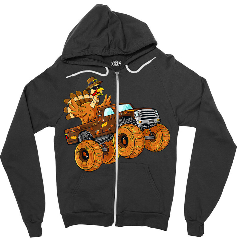 Thanksgiving Turkey Riding Monster Truck Boys Kids Zipper Hoodie | Artistshot