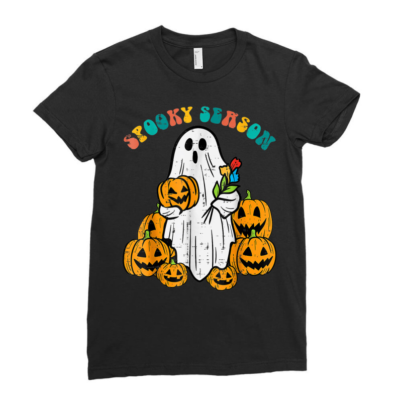 Ghost Pumpkins Spooky Season Retro Groovy Halloween Ladies Fitted T-Shirt by Snake | Artistshot