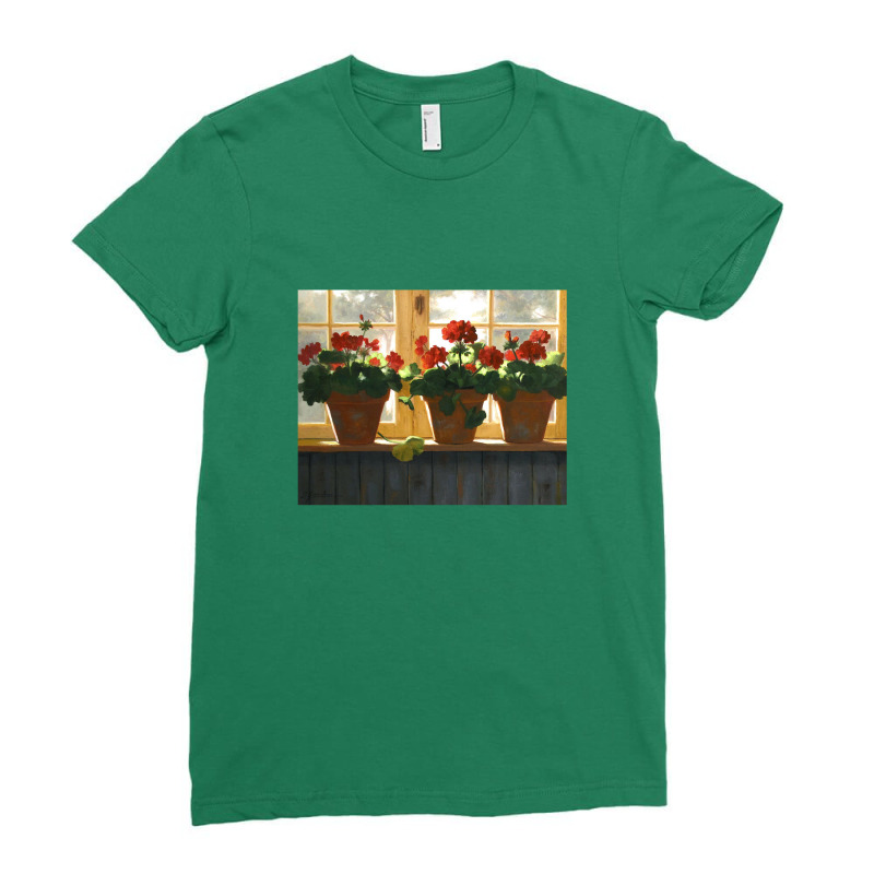 Red Geraniums Basking Ladies Fitted T-Shirt by cm-arts | Artistshot