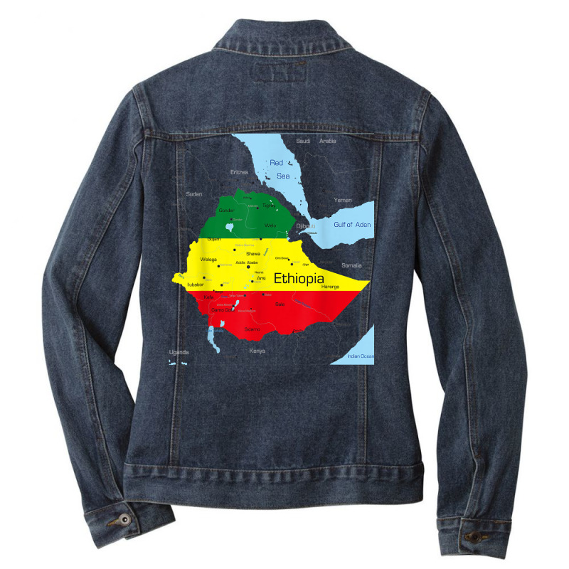 Ethiopia Map. Ethiopian Habesha Flag, Location And Pride T Shirt Ladies Denim Jacket by cm-arts | Artistshot